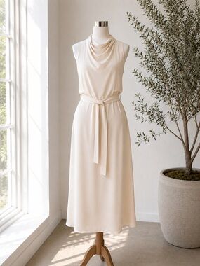 River Island NWT Cream Drape Neck Belted Midi Dress US 8